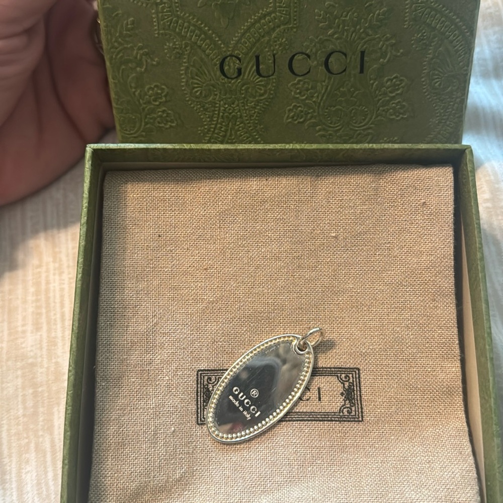 Authentic GUCCI Logo Milgrain Oval Dog Tag PENDANT Charm 925 Sterling Silver